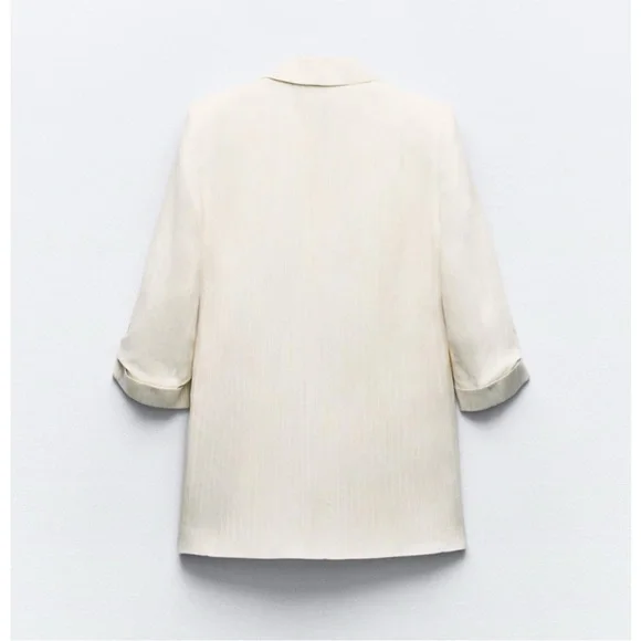 Zara Linen Blend Lightweight Open Front Blazer in Cream Pinstripe Sz Medium - Picture 6 of 16